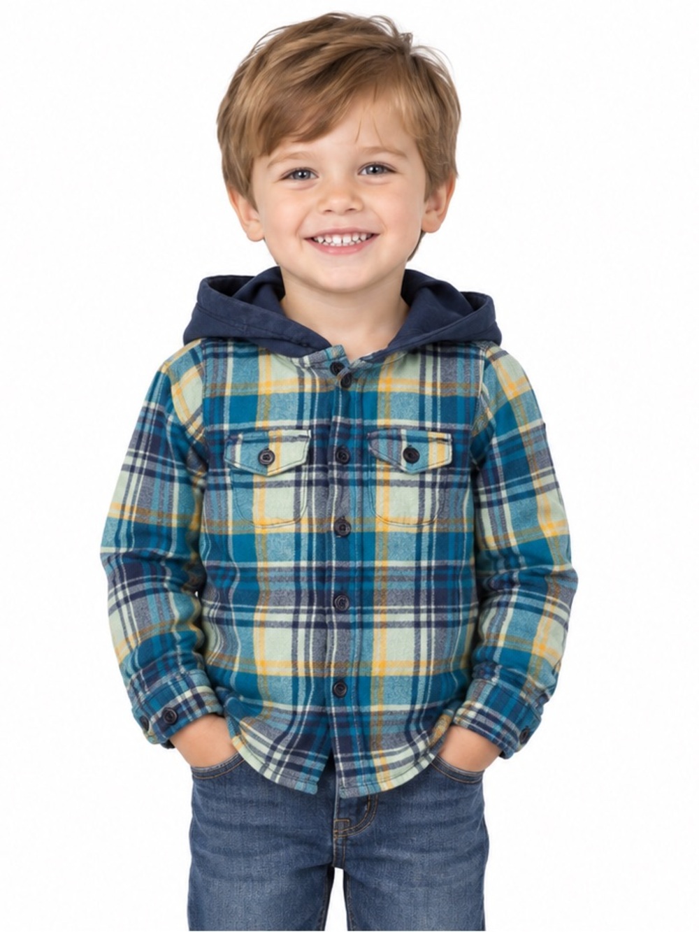 wonder nation Blue, Yellow & Navy Plaid Hooded Flannel Shirt